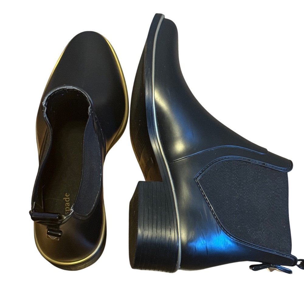 Kate Spade NY Sedgwic Chelsea Black Ankle Rain Rubber Boots Gold Trim Size 8 - Picture 3 of 12